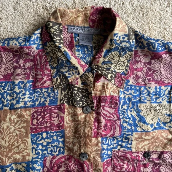 Robert Stock 100% Silk Shirt Mens Size S Patchwork Floral Button Up Long Sleeve - Picture 3 of 10
